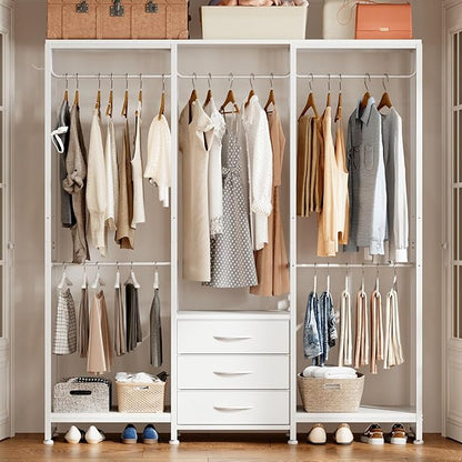 Garment Rack Heavy Duty Clothes Rack for Hanging Clothes, Freestanding Clothing Rack with 3 Fabric Drawers, Wood Stoarge Shelf, Adjustable Closet Racks, Corner L Shaped Closet System Organizers, White