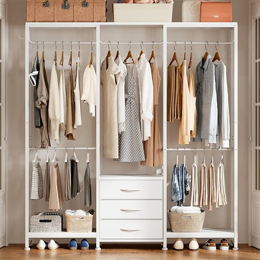 Garment Rack Heavy Duty Clothes Rack for Hanging Clothes, Freestanding Clothing Rack with 3 Fabric Drawers, Wood Stoarge Shelf, Adjustable Closet Racks, Corner L Shaped Closet System Organizers, White