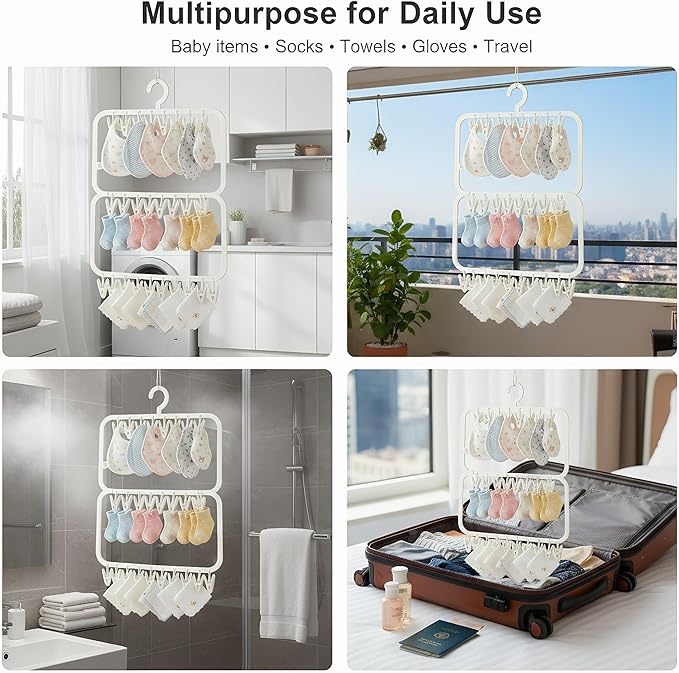 Multi-Layer Clothes Drying Rack with 26 Non-Slip Clips, BPA-Free Portable Hanging Laundry Rack for Baby Clothes, Socks and Underwear, Space-Saving Drip Hanger for Apartment（Off-White）