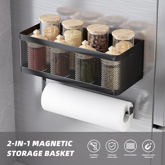 Magnetic Spice Rack for Refrigerator with Magnet Paper Towel Holder, Heavy-Duty Magnetic Shelf for Fridge, 2-in-1 Organization Shelf Sets for Kitchen, Washing Machine & Fridge Side, Black