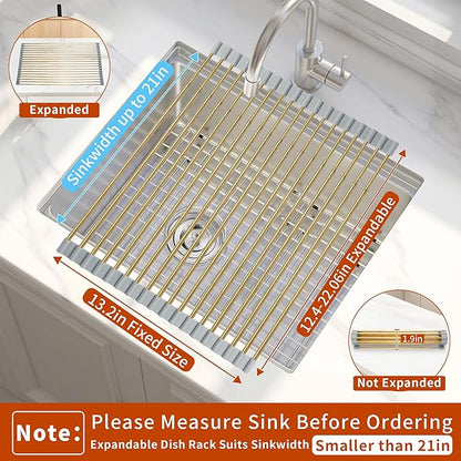 HAYAWEY Golden Expandable Roll-UP Dish Drying Rack-Large 304 Stainless Steel Dish Drainer Over The Sink for Kitchen Countertop,Extendable & Rollable & Food Grade (Gold,22.08'x 13.2')