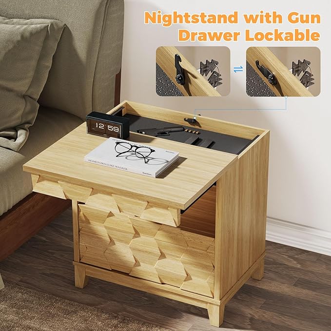 BROTTAR 24" Wide Night Stand with Gun Drawer, Modern Fluted Bedside Table with Unique 3-Dimensional Craft, Wood Sofa Couch End Side Table for Bedroom Office, Natural