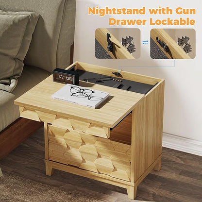 BROTTAR 24" Wide Night Stand with Gun Drawer, Modern Fluted Bedside Table with Unique 3-Dimensional Craft, Wood Sofa Couch End Side Table for Bedroom Office, Natural