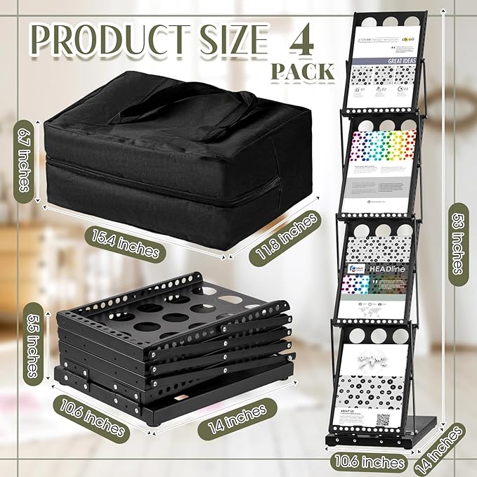 Tatuo 4 Pieces Foldable Magazine Rack Metal Catalog Literature Rack Portable 4 Pockets with Carrying Bag Brochure Stand Literature Display Holder Stand for Exhibition Trade Show