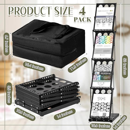 Tatuo 4 Pieces Foldable Magazine Rack Metal Catalog Literature Rack Portable 4 Pockets with Carrying Bag Brochure Stand Literature Display Holder Stand for Exhibition Trade Show