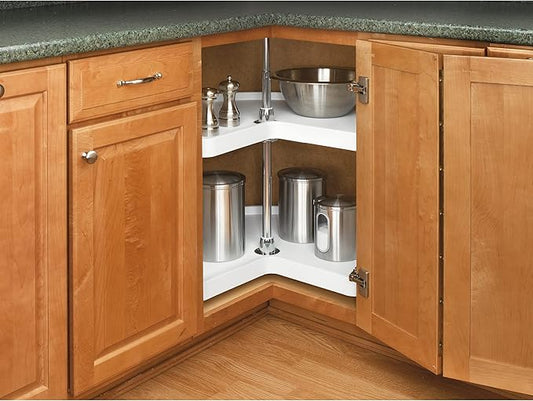 Rev-A-Shelf 28" Kidney Shaped Dual Tier Lazy Susan Shelf Organizer for Corner Base Kitchen Cabinets, Plastic Home Storage, White, 6472-28-11-52