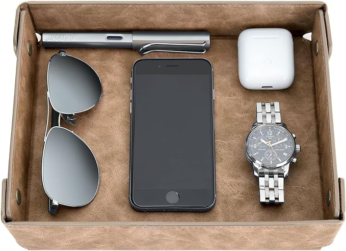 CASIRENA Father's Day Gifts Faux Leather Valet Tray Organizer for Men - Catch-All Tray for Entryway Table Key, Wallet, Watch, Coin Change, Phone, Dresser EDC Dump Jewelry, Bedside Nightstand Desk-top