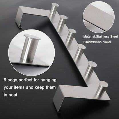 WEBI Over The Door Hooks Door Hanger,Over The Door Towel Rack with 6 Peg Hooks for Hanging,Over Door Coat Rack for Clothes,Back of Bathroom,Silver