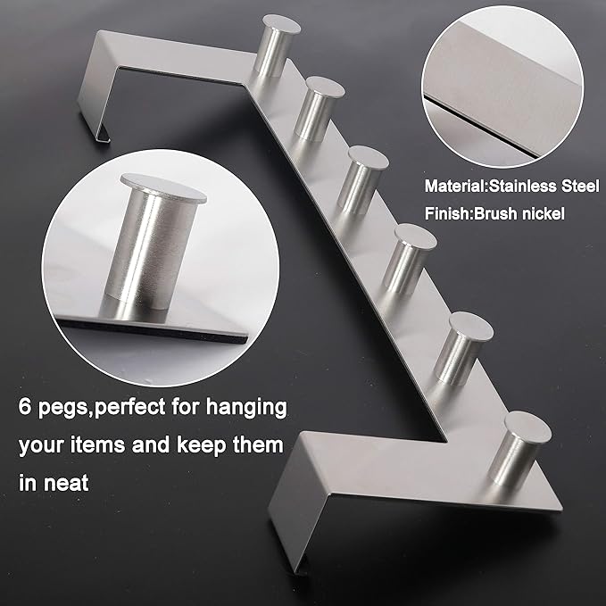 WEBI Over The Door Hook Door Hanger:Over The Door Towel Rack with 6 Peg Hooks for Hanging,Door Coat Hanger Towel Hanger Over Door Coat Rack for Clothes,Back of Bathroom,Silver,2 Packs