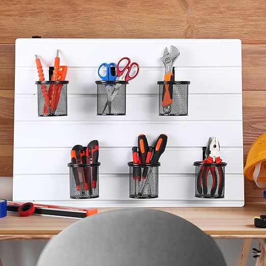 6 Set Slatwall Cup with Hook Black Metal Slatwall Bin Pencil Mesh Wire Holder Slat Wall Accessories for Organizing Various Tools, Garage Home Workshop Office (Round)