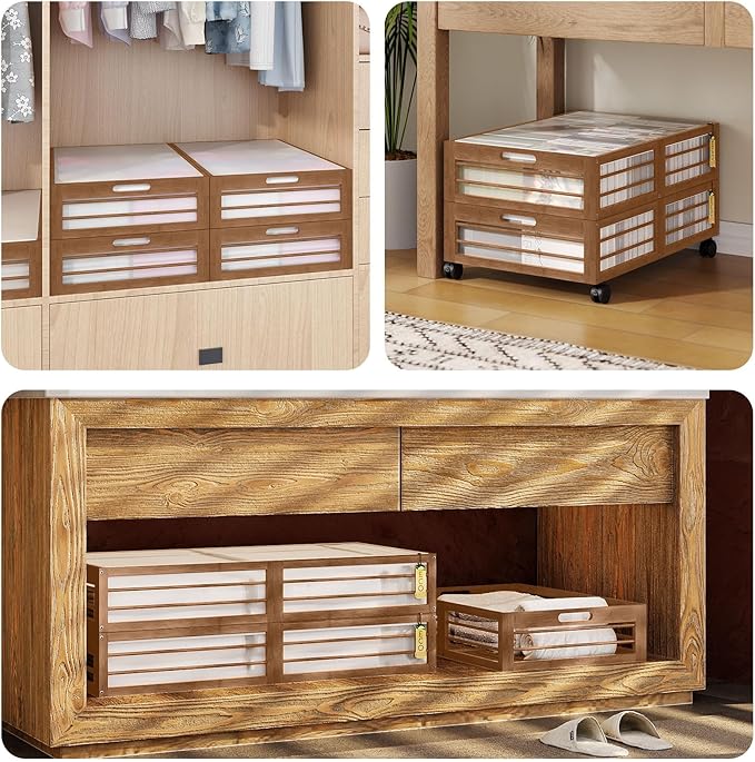 Bamboonova Bamboo Underbed Storage Containers with Wheels & Bag 2 Pack, Large Under Bed Rolling Storage Bins Wood Under Bed Clothes Storage Stackable Drawers for Bedroom Closet Under Crib Toy(Walnut)