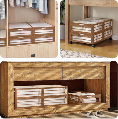 Bamboonova Bamboo Underbed Storage Containers with Wheels & Bag 2 Pack, Large Under Bed Rolling Storage Bins Wood Under Bed Clothes Storage Stackable Drawers for Bedroom Closet Under Crib Toy(Walnut)