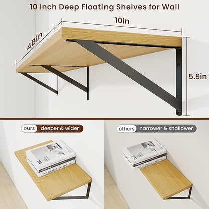 Axeman 48 Inch Floating Shelves | 10 Inch Deep Oak Wall Shelves Set of 2 | 48" W x 10" D Oak Floating Shelves for Living Room Bathroom Kitchen