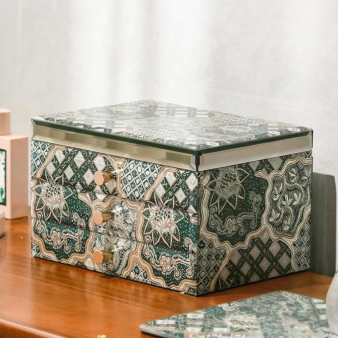 Homruilink High End Glass Jewelry Box - 3 Layer Jewelry Organizer - Velvet-Lined Case For Ring, Necklace, Earring, Bracelet Storage - Black Gold Floral - Christmas Gifts For Women