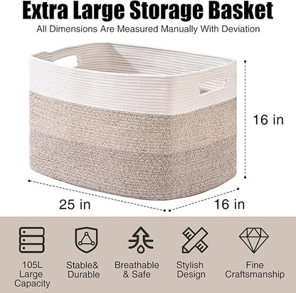 Extra Large Blanket Basket Living Room, Rectangle Storage Basket, Large Woven Baskets for Storage, Cotton Rope Basket for Toys, Clothes, Gradient Brown - 25”x16”x16” (105L)