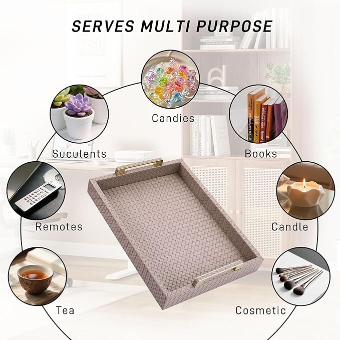 Decorative Serving Tray for Coffee Table, 16"x12" Large Rectangular Ottoman Tray with Gold Handles Faux Leather Serving Trays for Home Decor Living Room, Kitchen and Bedroom -Tan