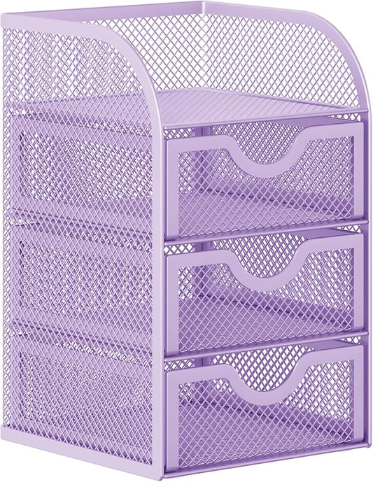 EasyPAG Mesh Desk Organizer with 3 Drawer Office Desktop Organizers and Accessories Stationery Caddy for Office, Home, Students, Purple