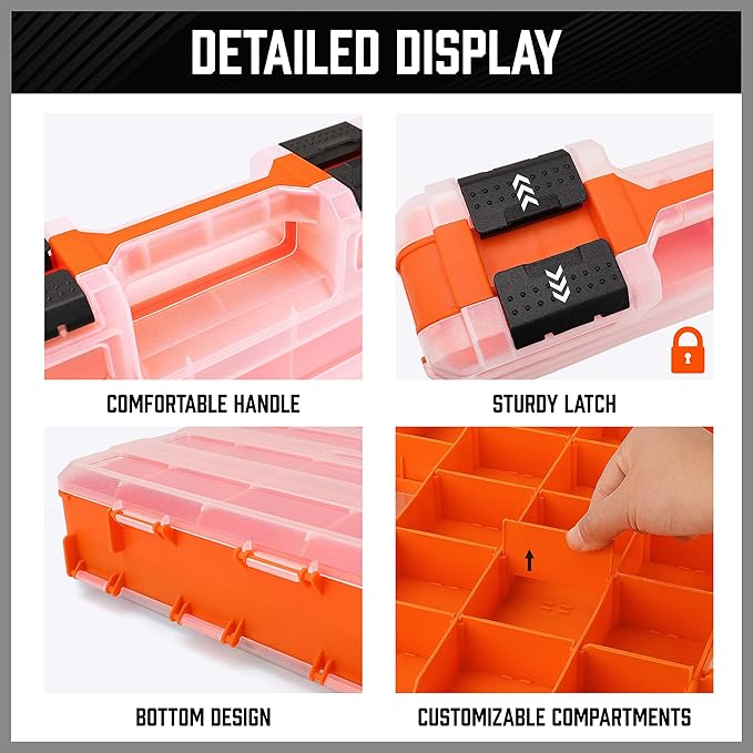 HORUSDY Small Parts Organizer, 34-Compartment Double-Sided Storage Box with Removable Dividers, Double Side Tools Box Screw Organizer for Screws, Nuts, Bolts, Nails & Small Hardware