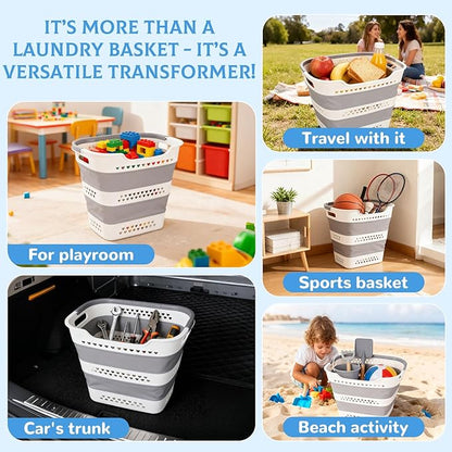 2 Pcs Collapsible Laundry Baskets for Dirty Clothes, 43L Plastic Laundry Hamper for Dorm Bedroom, Space Saving Pop-Up Laundry Hamper Container, Durable Foldable Laundry Basket with Handles (Grey)