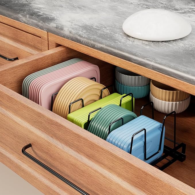 GAGUIUP Premium Adjustable Kitchen Bakeware and Pan Organizer - Food Container Lid Organizer Ideal for Cabinet, Drawers, Cupboard, Pantry Storage, Matte Black