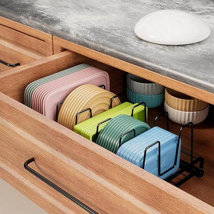 GAGUIUP Premium Adjustable Kitchen Bakeware and Pan Organizer - Food Container Lid Organizer Ideal for Cabinet, Drawers, Cupboard, Pantry Storage, Matte Black