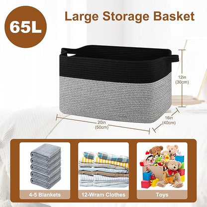 Blanket Basket for Living Room, Woven Cotton Rope Basket for Storage Clothes, Towels, Pillows, Toy Storage Bin for kids with Handles, 20" x 16" x 12", Black and Grey