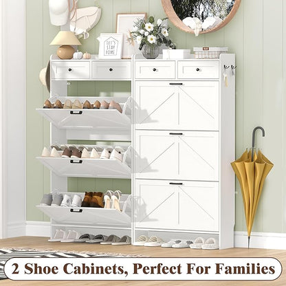 Shoe Cabinet with 3 Flip Drawers & 2 Storage Drawers, Rustic Farmhouse Narrow Shoe Organizer Cabinet, Slim Shoe Rack Cabinet, Shoe Storage Cabinet for Entryway, Hallway, Front Door