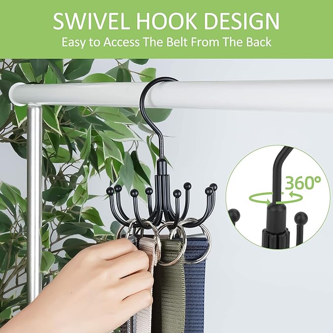 OMHOMETY Belt Hanger, 2 Pack Rotatable Belt Organizer for Closet, Accessories Rack, Space Saving Hanging Holder Storage Hook for Belt, Tie, Scarf, Purse, Bra, Tank Top, Black
