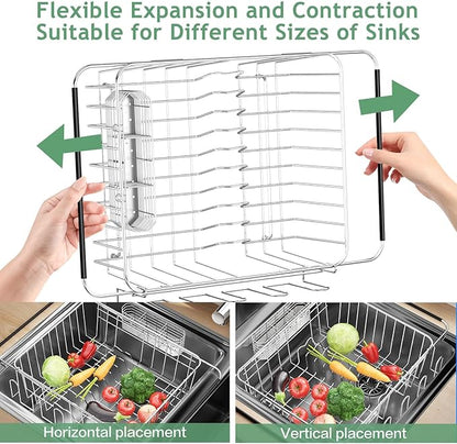 Fanbsy Dish Drying Rack in Sink, Extendable Stainless Steel Dish Drainers for Kitchen Counter, Anti-Rust Dish Dryer Rack with Utensil & Cup Holders, for Inside Sink, Over The Sink