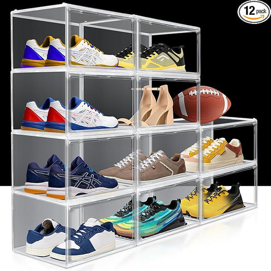 EDS FAM 12 Pack Clear Sneaker Boxes Stackable Shoe Box Size 12.5, Acrylic Shoe Storage Organizer Transparent Storage Bins with Magnetic Acrylic Door for Closet, Sneaker Display, Cosmetic, Figure