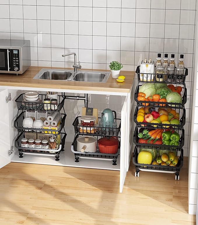 MURRI&MURRDI Fruit Vegetable Storage Baskets with Wheels, 6 Tier Stackable Wire Storage Baskets, Tall Standing Produce Kitchen Rack, Narrow Rolling Cart for Pantry Snack Onion Potato, Black