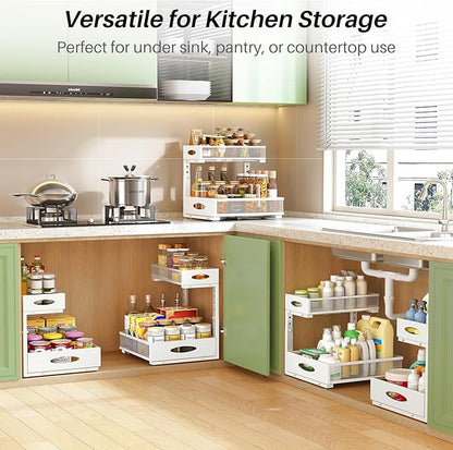 Under Sink Organizer, 2-Pack Pull Out Cabinet Organizer 2 Tier Metal Slide Out Storage Shelf Rack, L-Shaped Adjustable Height,Mesh Sliding Drawer for Kitchen, Bathroom, Laundry, Pantry, White, XL