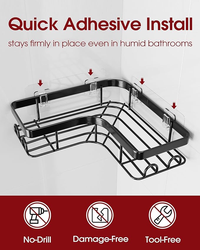 Sakugi Corner Shower Caddy - 3-Pack Shower Organizer with Soap Holder & Built-In Hooks, Rustproof Metal Shower Shelves, Laundry, Kitchen, Bathroom Organizers and Storage Solution, Large, Black
