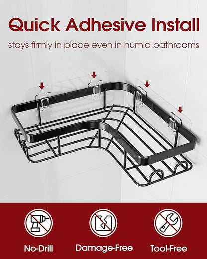 Sakugi Corner Shower Caddy - 3-Pack Shower Organizer with Soap Holder & Built-In Hooks, Rustproof Metal Shower Shelves, Laundry, Kitchen, Bathroom Organizers and Storage Solution, Large, Black