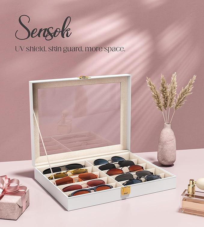 sensok Sunglasses Organizer Storage Box - 10 Slots Eyeglass Display Case for Multiple Pair Glasses, Sunglass Holder with Clear Glass Lid, Jewelry and Watch Collection Box for Women and Men, White