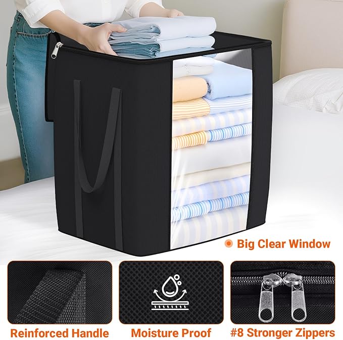 TasticTotes 120L Extra Large Clothes Storage Bags, Foldable Blanket Storage and Organization, Thick Fabric Containers with Reinforced Handles & Zippers for Clothing, Comforters, Bedding, Black, 1 Pack
