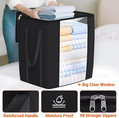 TasticTotes 120L Extra Large Clothes Storage Bags, Foldable Blanket Storage and Organization, Thick Fabric Containers with Reinforced Handles & Zippers for Clothing, Comforters, Bedding, Black, 1 Pack