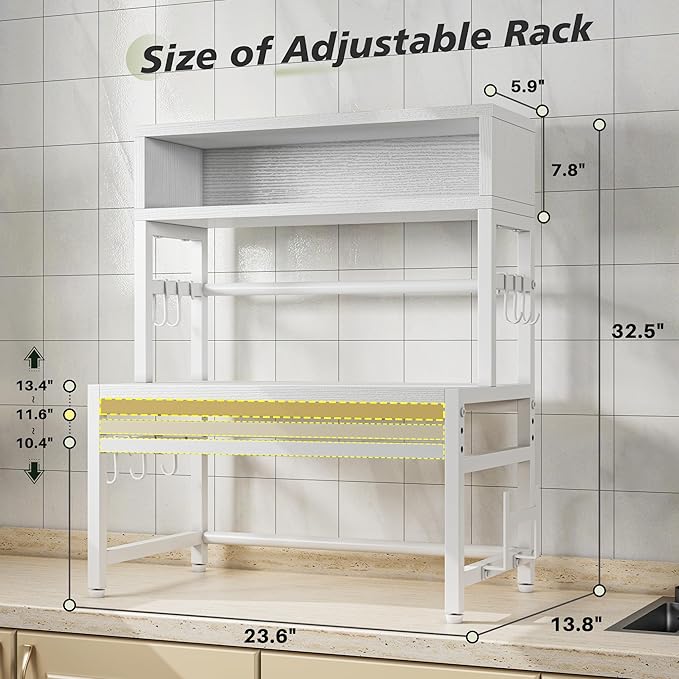 EnHomee Microwave Stand, 205LBS Microwave Shelf, Adjustable Countertop Shelf Heavy Duty 4-Tier with 9 Hooks for Kitchen Counter Organizer, Microwave Stand with Storage and Microwave Oven Rack (White)