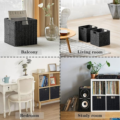 Vagusicc Storage Basket, Set of 2 Hand-Woven Storage Baskets for Organizing with Handles, Foldable Cube Storage Baskets Bins Organizer, 13 inch Large Wicker Baskets for Shelves & Decor, Black