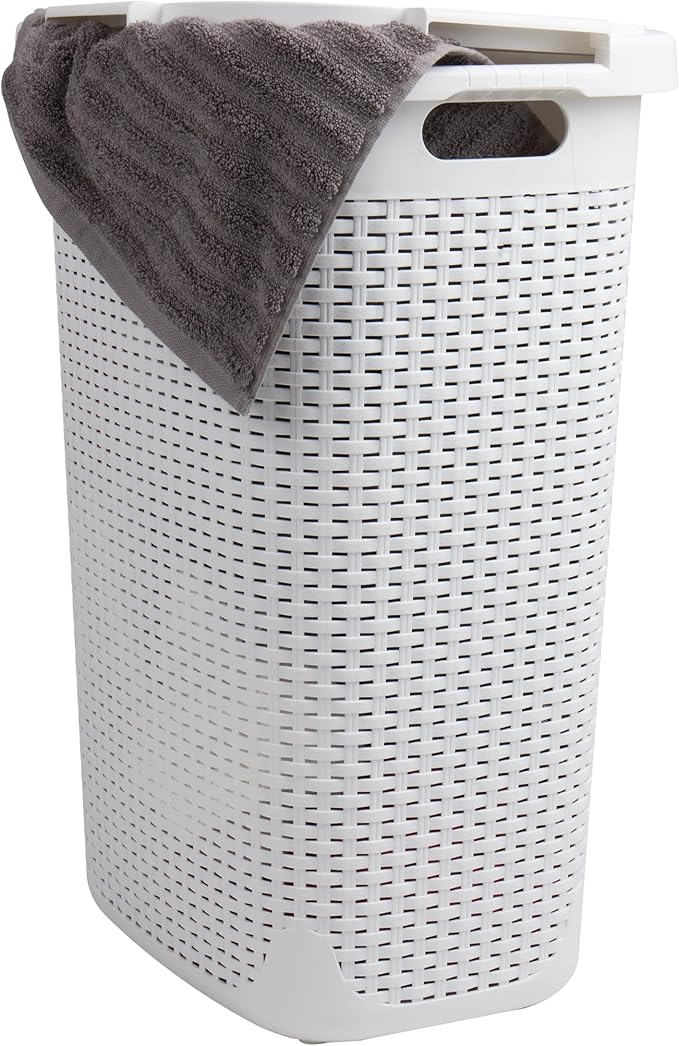 Mind Reader Slim Laundry Hamper with Lid, 60L Clothes Basket, Premium Wicker Design, Plastic, White