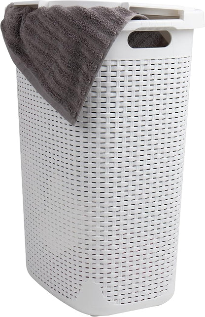 Mind Reader Slim Laundry Hamper with Lid, 60L Clothes Basket, Premium Wicker Design, Plastic, White
