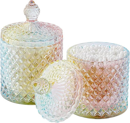Qtip Holder Glass Apothecary Jars with Lid Bathroom Accessories Vanity Organizers and Makeup Storage for Cotton Swabs, Makeup Sponges, Bath Salts, Canister Dispenser, 2 Pack Rainbow