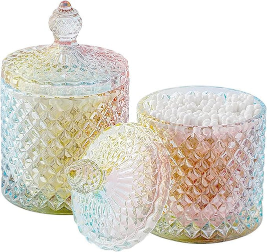 Qtip Holder Glass Apothecary Jars with Lid Bathroom Accessories Vanity Organizers and Makeup Storage for Cotton Swabs, Makeup Sponges, Bath Salts, Canister Dispenser, 2 Pack Rainbow