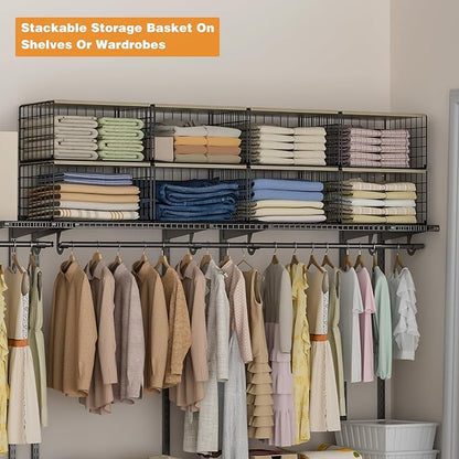 Wider Stackable Closet Organizers and Storage with Wood Top, 3 Pack Closet Shelf Organizer, Space-Saving Clothes Storage Bins for Wardrobe & Bedroom & Small Spaces, Sturdy Metal Black