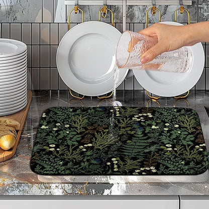 Dish Drying Mat for Kitchen Counter Vintage Green Plant Fern Leaves Floral Drying Mats Absorbent Microfiber Black Dish Drainer Pad Reusable Washable Dish Draining Mats Medium 16x18 Inch
