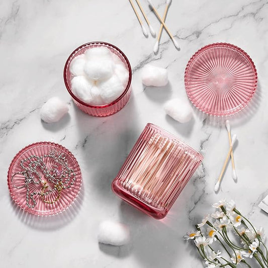MKOSAB 2 Pack Qtip Holders for Bathroom, Clear Glass Apothecary Jars with Lids,Vintage Bathroom Canisters for Cotton Balls,Swabs,Floss Picks,Hair Ties,Vanity Organizer and Storage Decor (Pink)