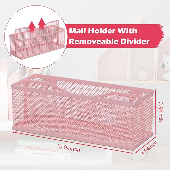 Mail Holder Countertop, Mail Organizer with 2 Slots, Mail Basket Wall Mounted Desktop Mail Sorter Letter Holder Box Envelope Organizer for Home Office, Pink