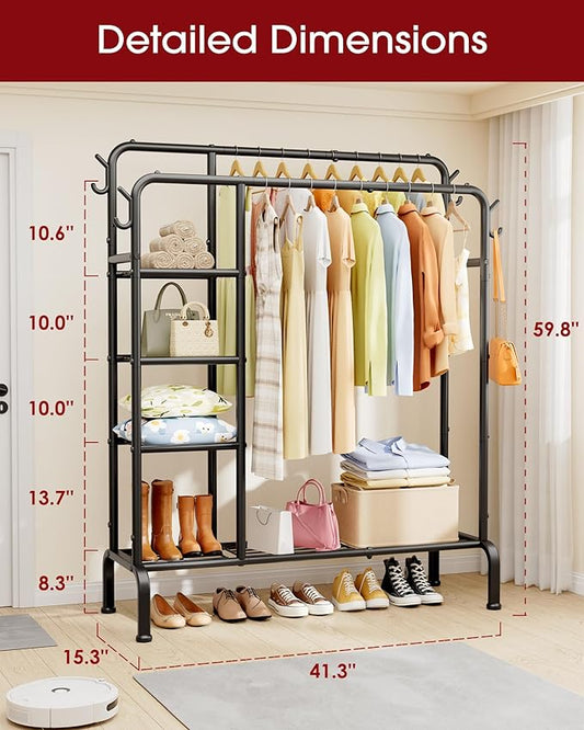 Clothes Rack - Double-Rod Clothing Rack with Built-In Hooks & Shelves, Multi-Functional Wardrobe Closet for Bedroom, Living Room, Entryway, 41.3" x 15.3" x 59.8", Black