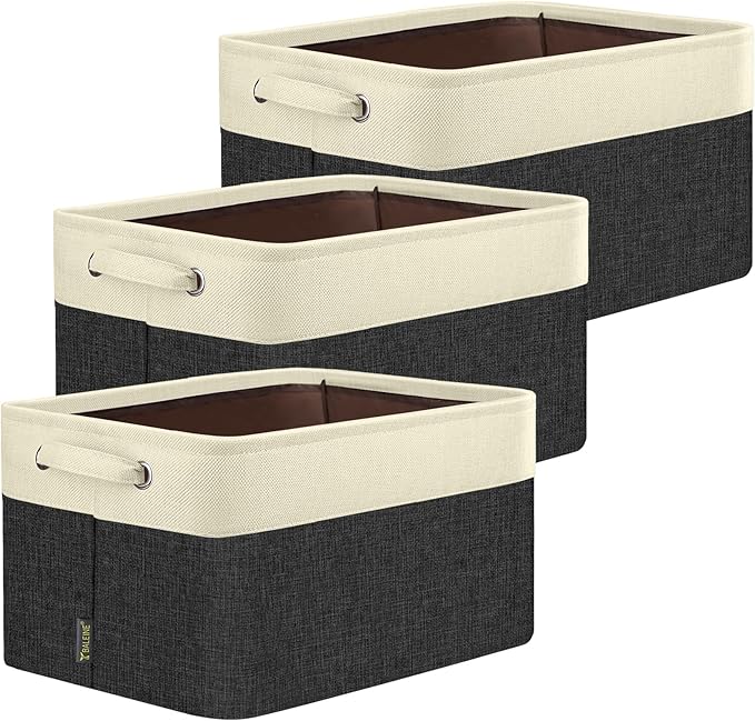 BALEINE 3 Pack Fabric Storage Bins for Shelves, Linen Storage Baskets for Organizing, Decorative Closet Bins for Clothes, Home (Black, 14''x10''x8.5'')