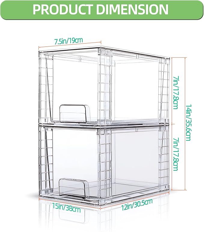 Medium Clear Stackable Storage Drawers (4 Pack), High-strength Acrylic Organizer Bins with Handles, Plastic Drawers for Fridge Bathroom Cabinet Closet Undersink Pantry Kitchen Makeup Storage